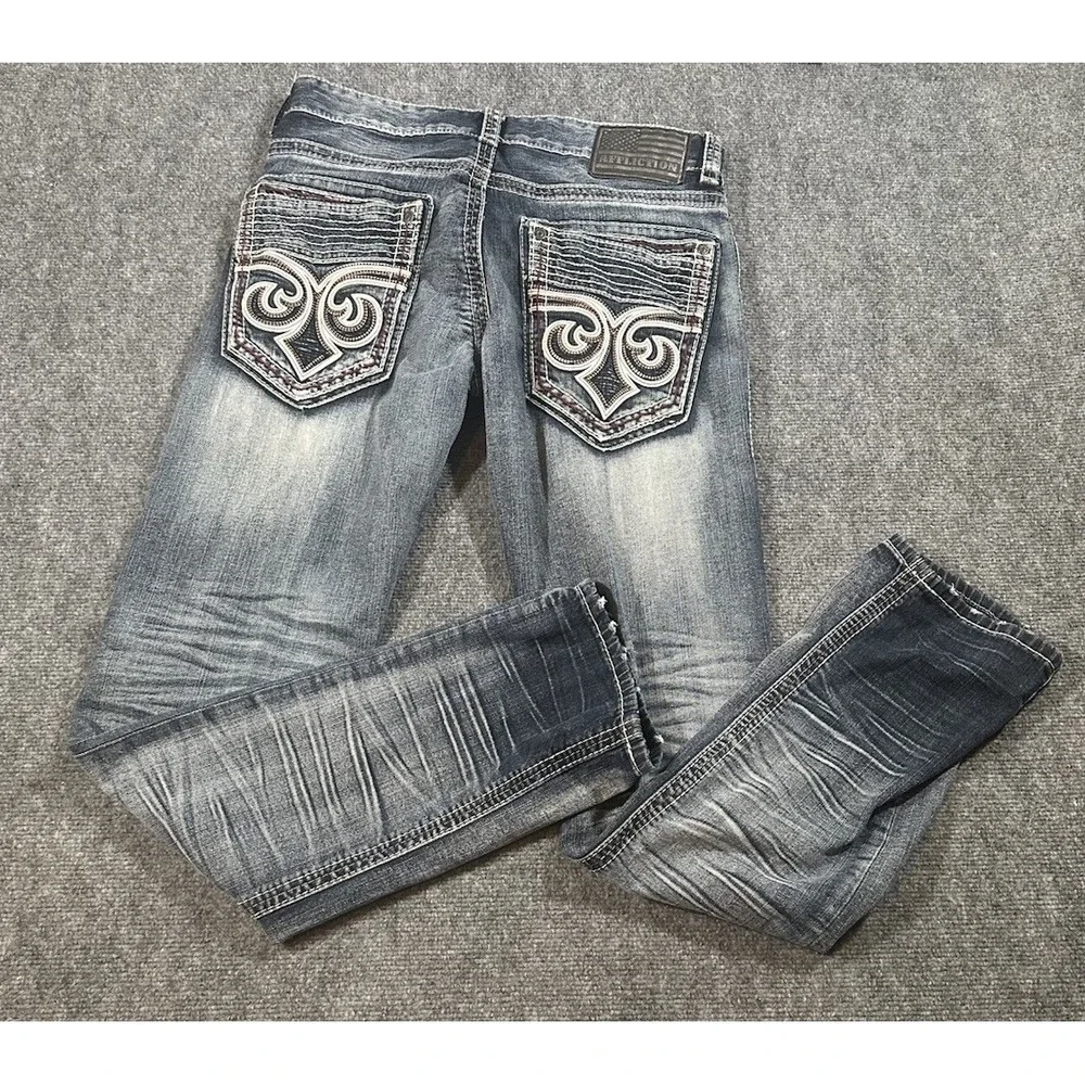 Affliction Mens Blue Jeans 32x33 Gage Straight Leg Whiskered Embroidered Y2K